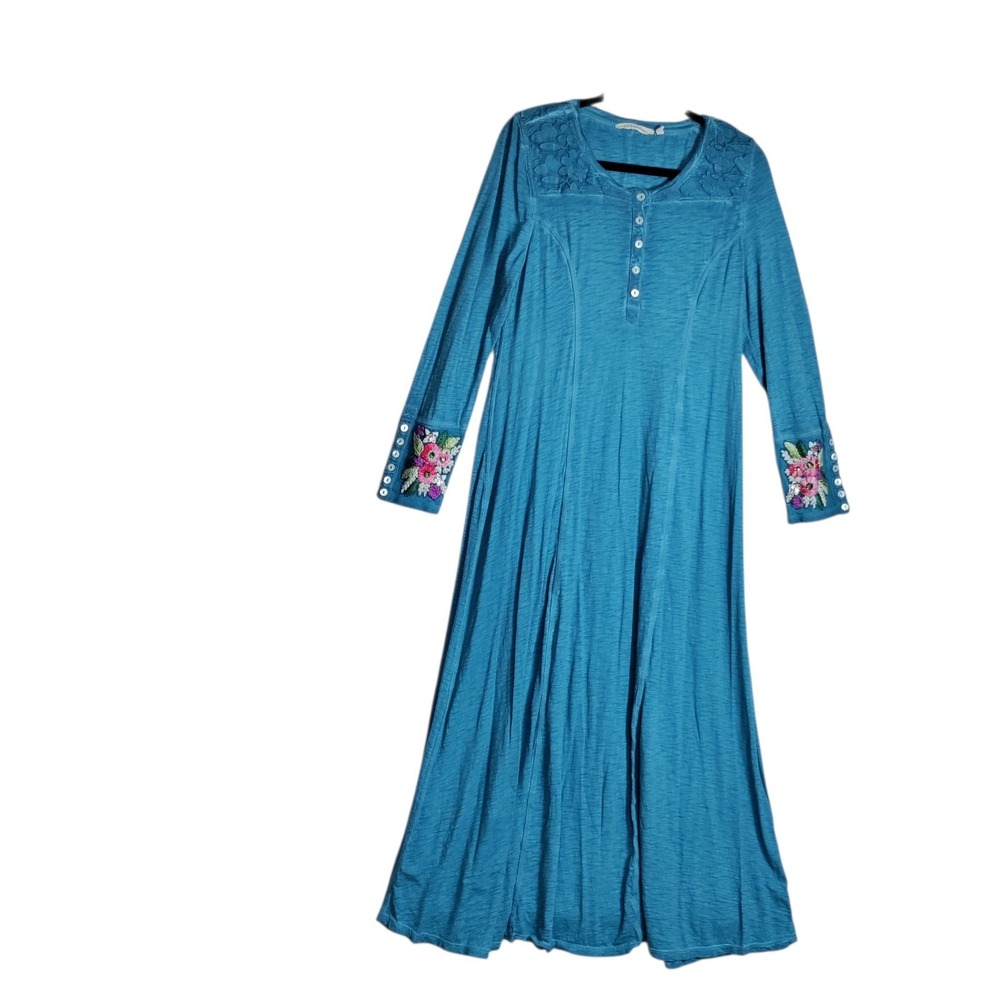 Soft Surroundings Teal Blue Floral Embroidered Maxi Dress Long Sleeve Small